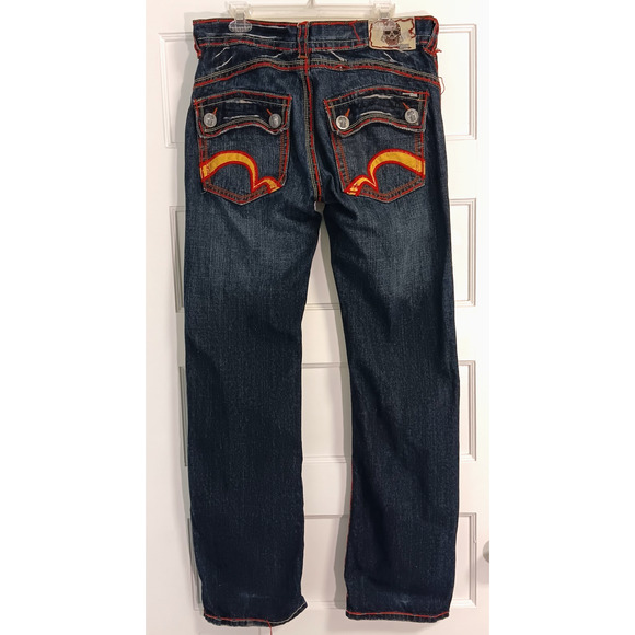 Vintage Y2K Bootcut Jeans 36 x 34 Skull Thick Stitch Embroidered Fading Whiskers - Picture 1 of 14